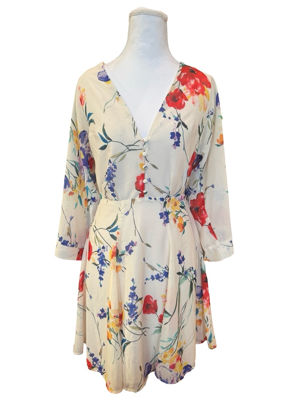Yumi Kim Floral Mini Dress XS White Multicolor V-Neck Fit & Flare Long Sleeve